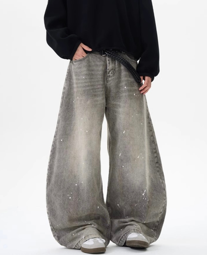 Vintage  Splatter Barrel Wide Denim Pants
