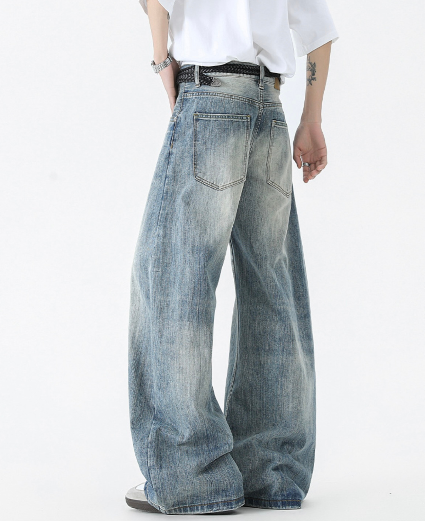 Faded Slub Wide Baggy Denim Pants