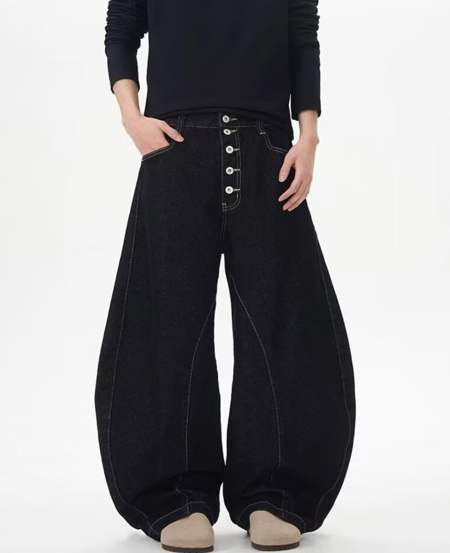 Button Fly Curved Seam Barrel Wide Denim Pants