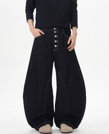 Button Fly Curved Seam Barrel Wide Denim Pants