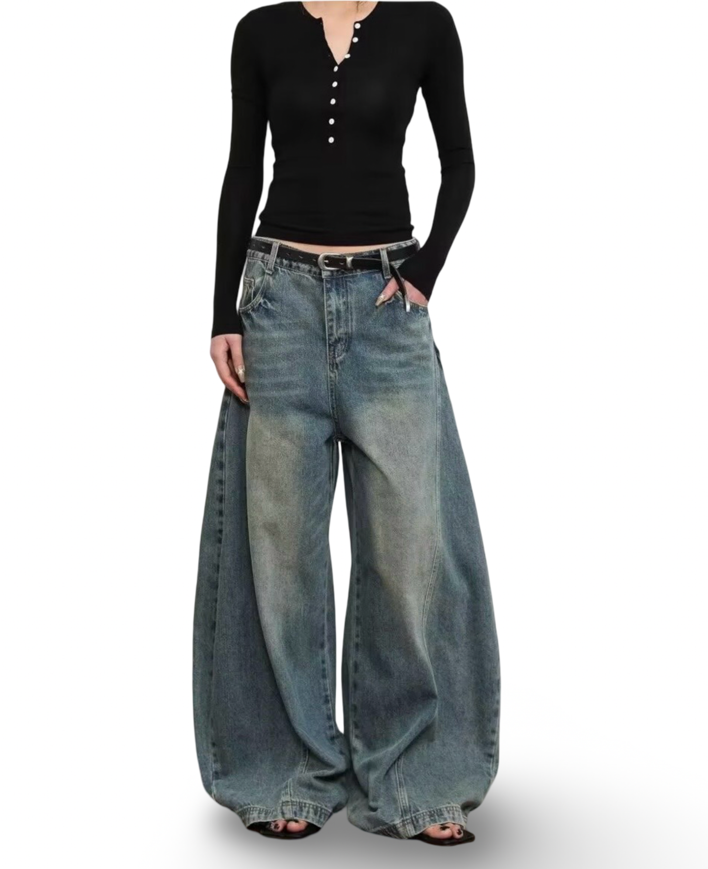 Vintage Dirty Wash Curved Wide Denim Pants