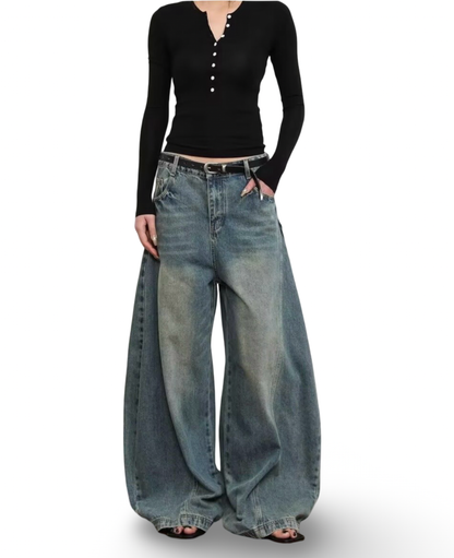 Vintage Dirty Wash Curved Wide Denim Pants
