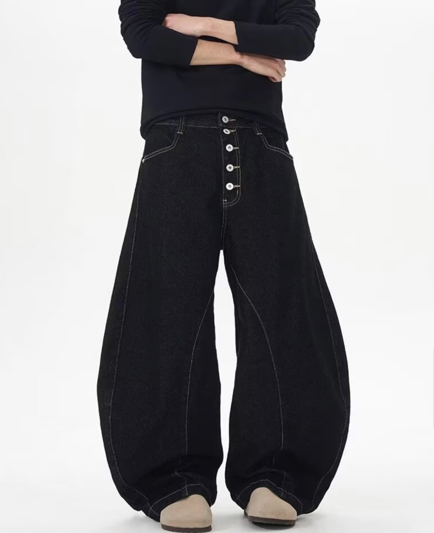 Button Fly Curved Seam Barrel Wide Denim Pants