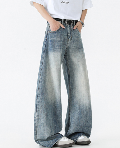 Faded Slub Wide Baggy Denim Pants