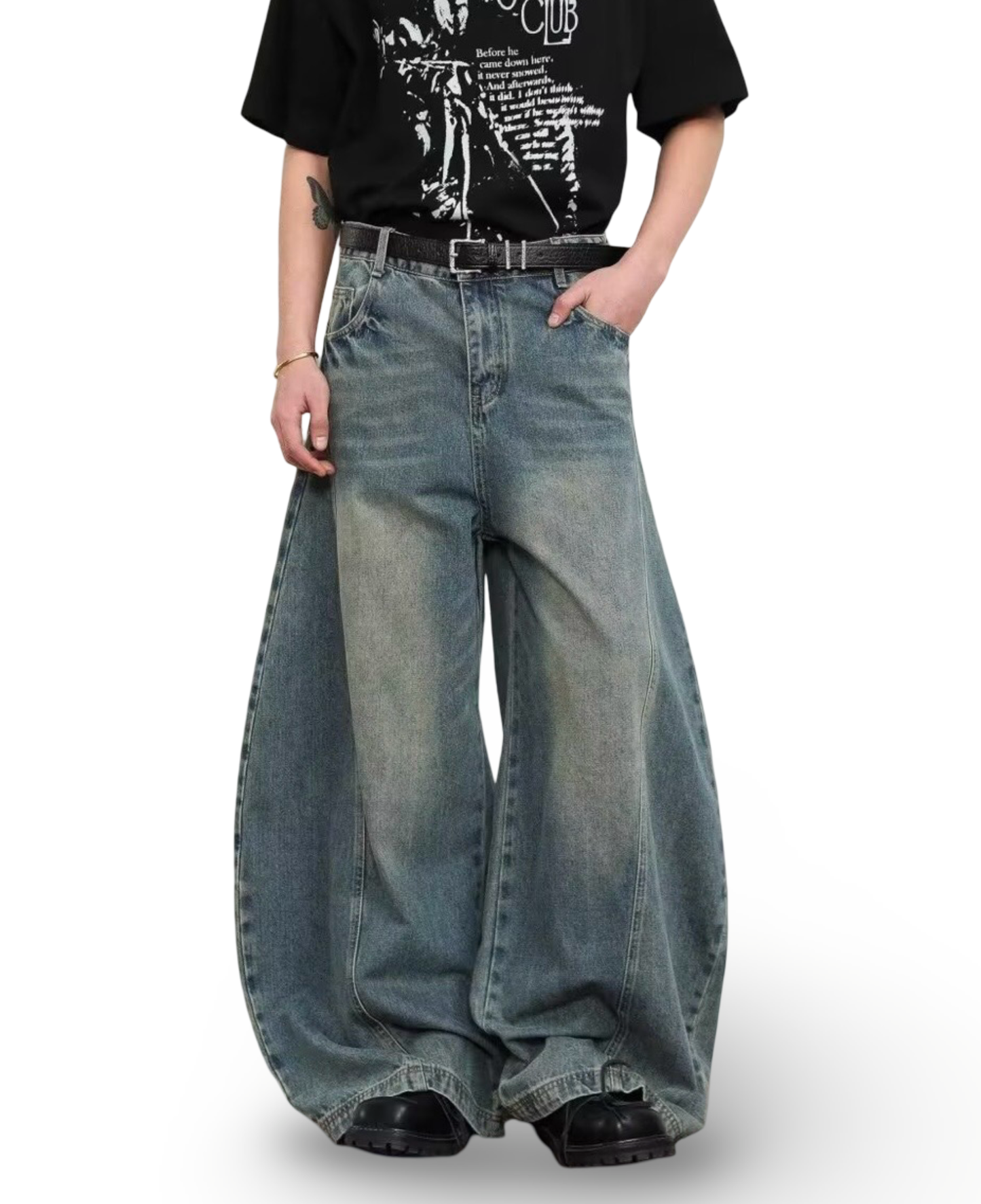 Vintage Dirty Wash Curved Wide Denim Pants