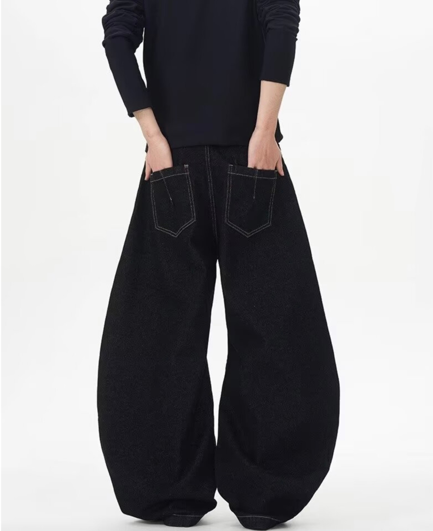 Button Fly Curved Seam Barrel Wide Denim Pants
