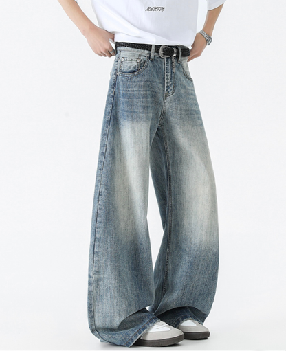 Faded Slub Wide Baggy Denim Pants