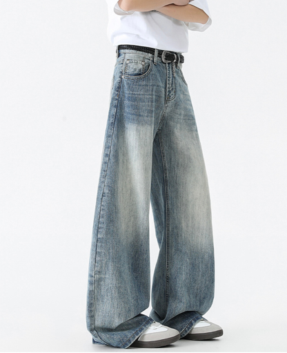 Faded Slub Wide Baggy Denim Pants