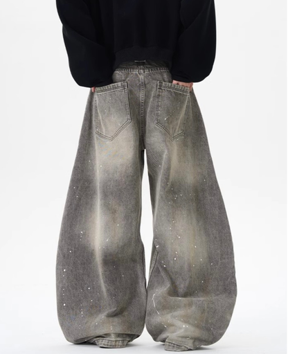 Vintage  Splatter Barrel Wide Denim Pants