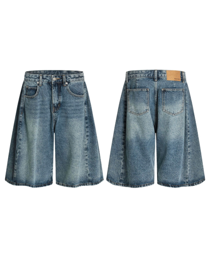 Vintage Wash Wide Denim Bermuda Shorts