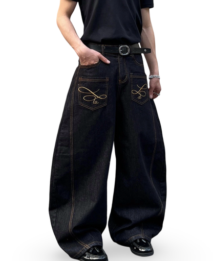 Embroidered Curved Wide Denim Pants