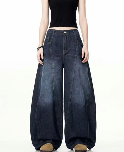 Indigo Washed Curved Wide Denim Pants