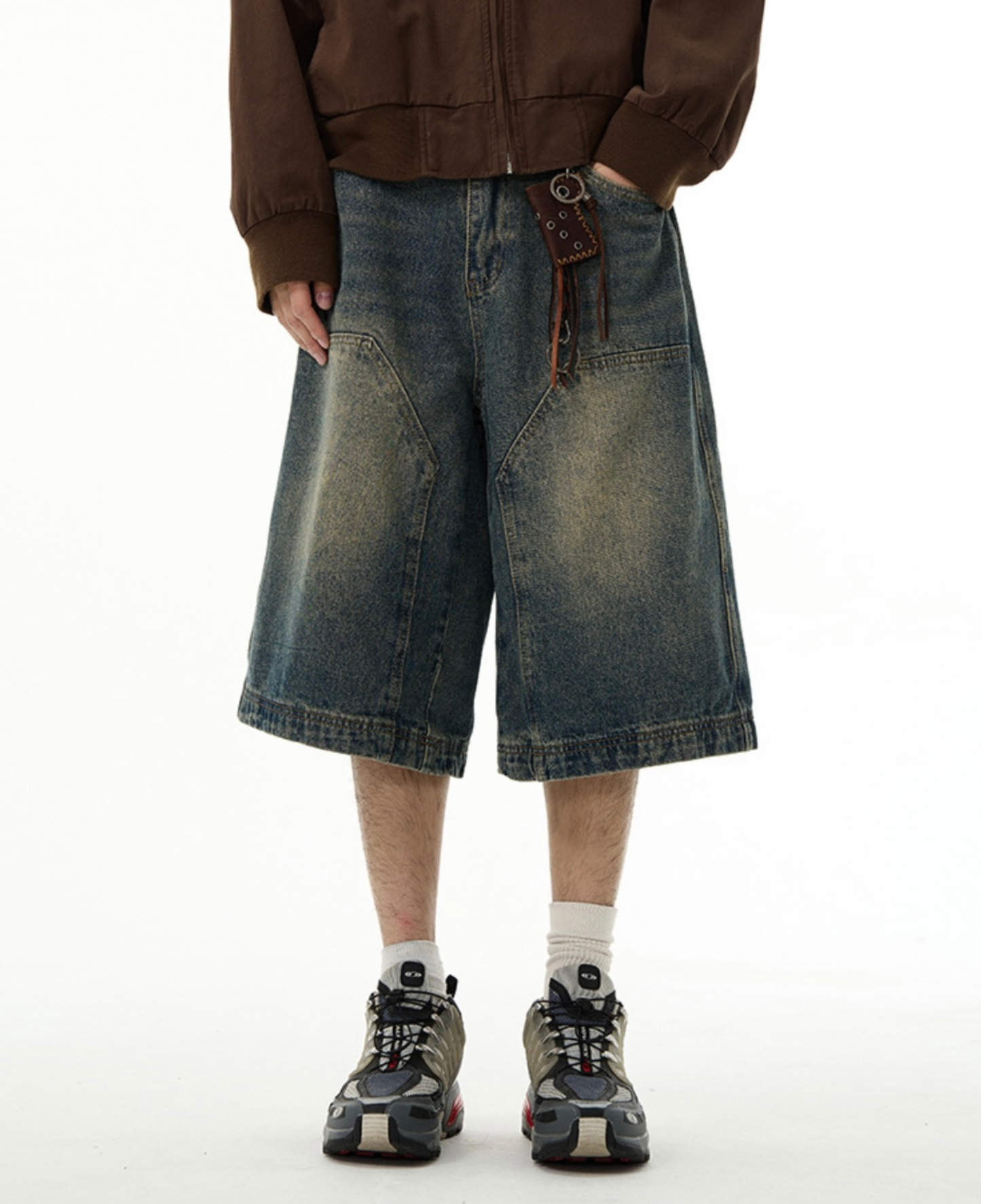 Grunge Stitched Panel Wide Denim Shorts