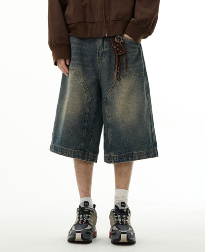 Grunge Stitched Panel Wide Denim Shorts