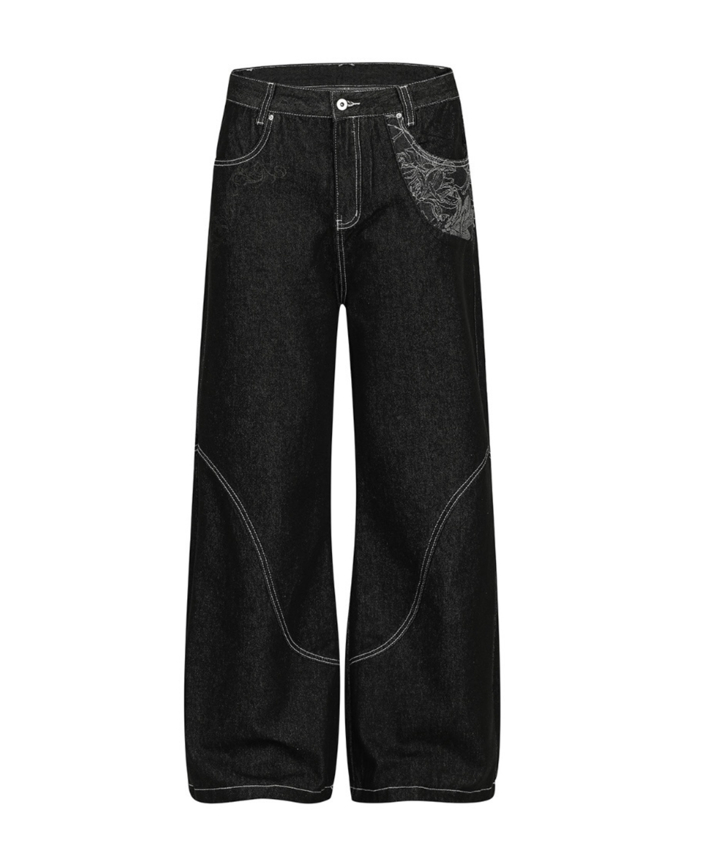 Dark Wash Curved Wide Denim Pants