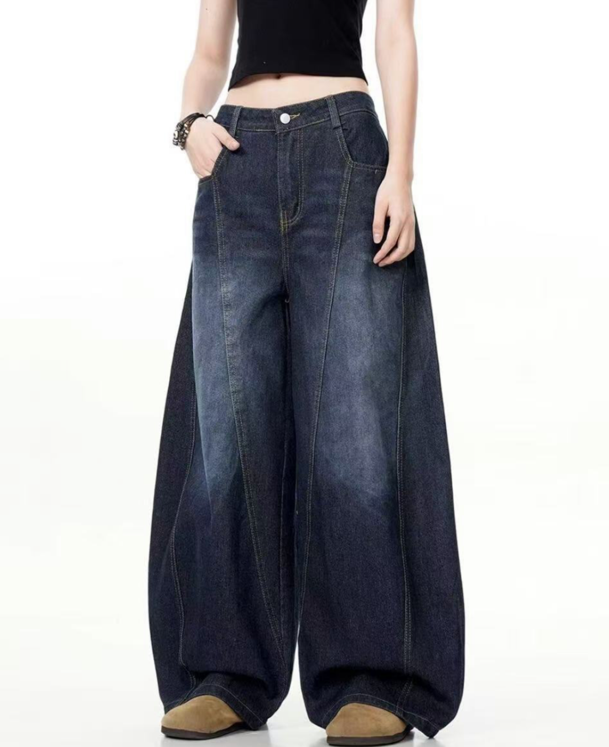 Indigo Washed Curved Wide Denim Pants