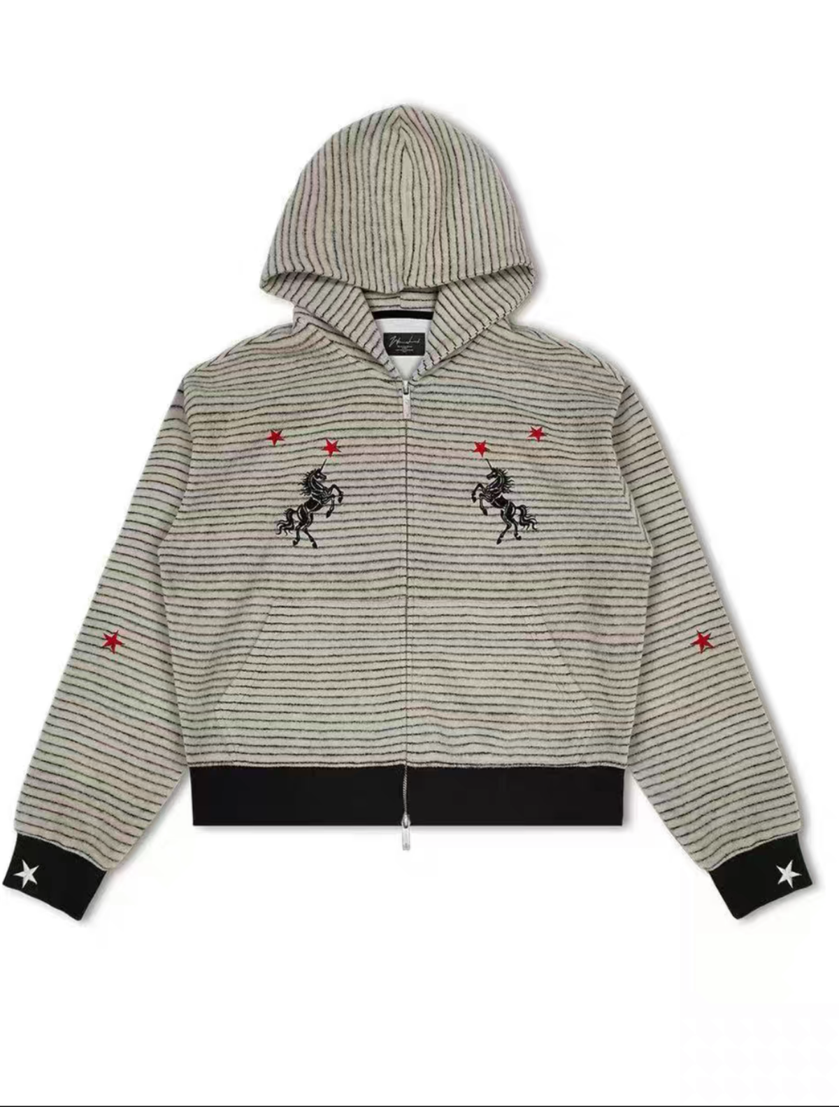 Horse Embroidery Striped Zip Hoodie