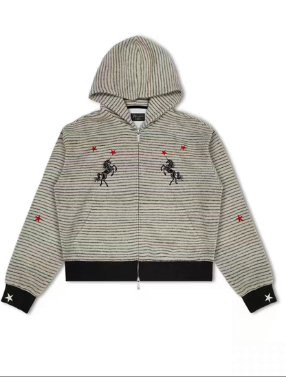 Horse Embroidery Striped Zip Hoodie