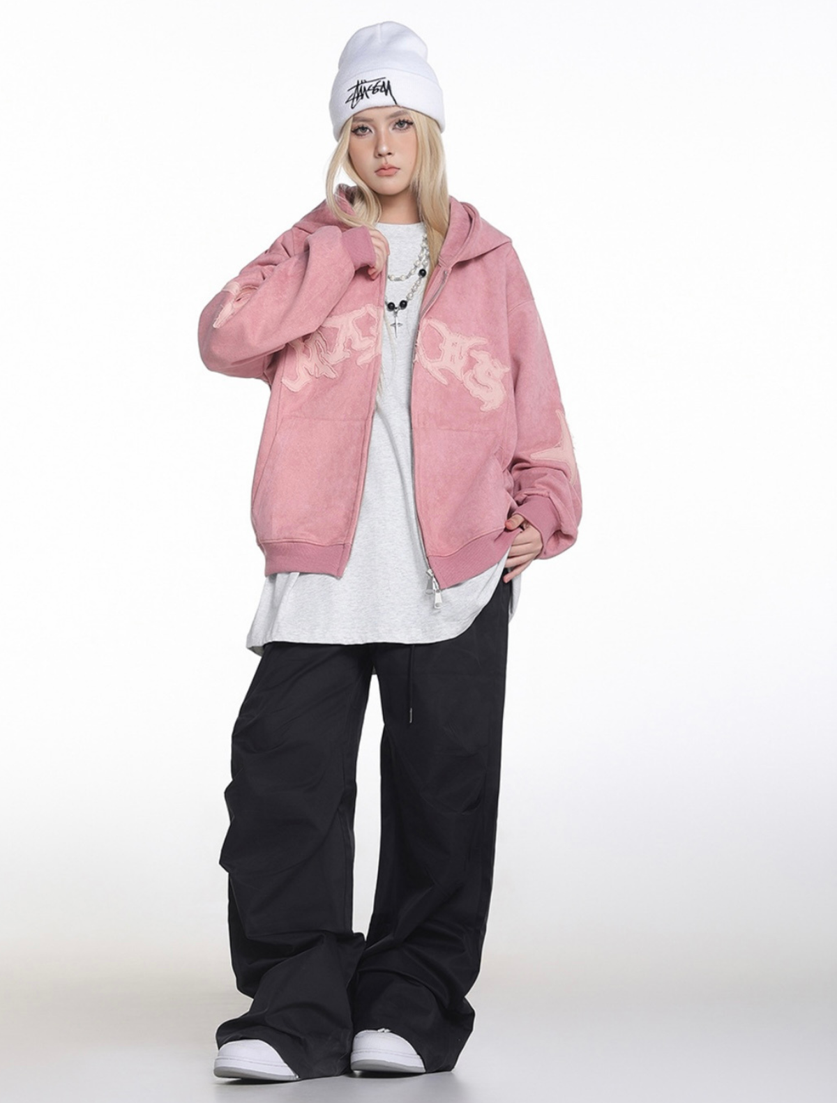 Cross Patch Arch Logo Suede Loose Hoodie