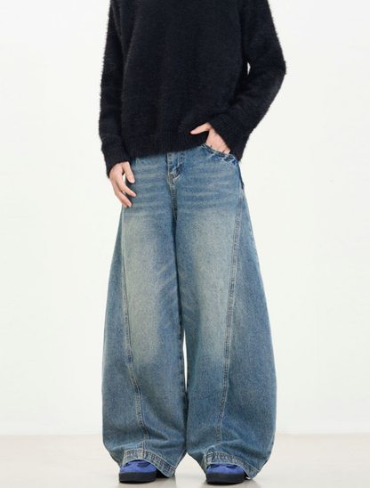 Vintage Wash Barrel Curved Wide Denim Pants