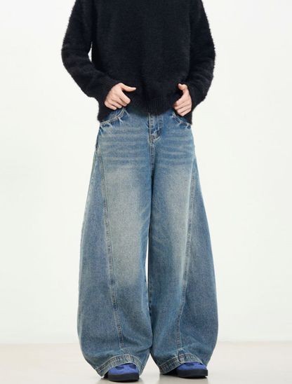 Vintage Wash Barrel Curved Wide Denim Pants
