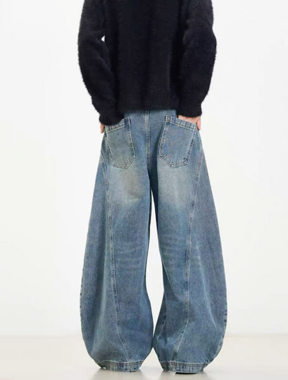 Vintage Wash Barrel Curved Wide Denim Pants