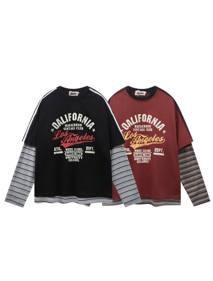 Fake Layered Striped Sleeve Long Sleeve T-Shirt