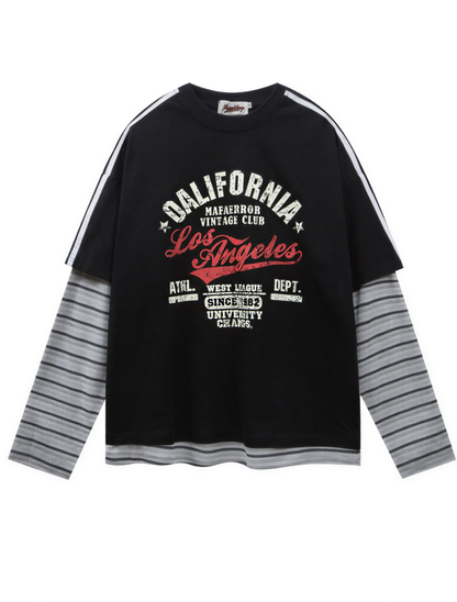 Fake Layered Striped Sleeve Long Sleeve T-Shirt