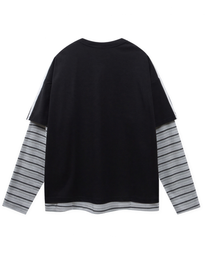Fake Layered Striped Sleeve Long Sleeve T-Shirt