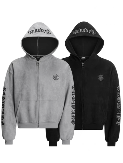 Gothic Font Sleeve Suede Zip Hoodie