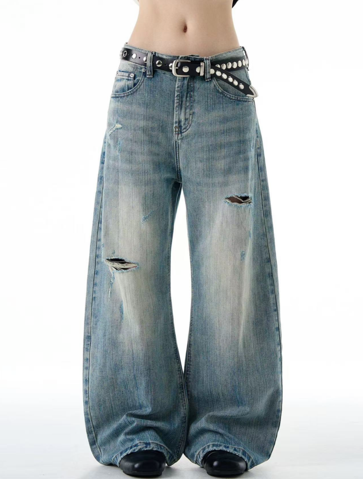 Vintage Wash Distressed Wide Denim Pants