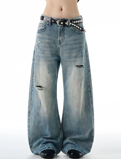 Vintage Wash Distressed Wide Denim Pants