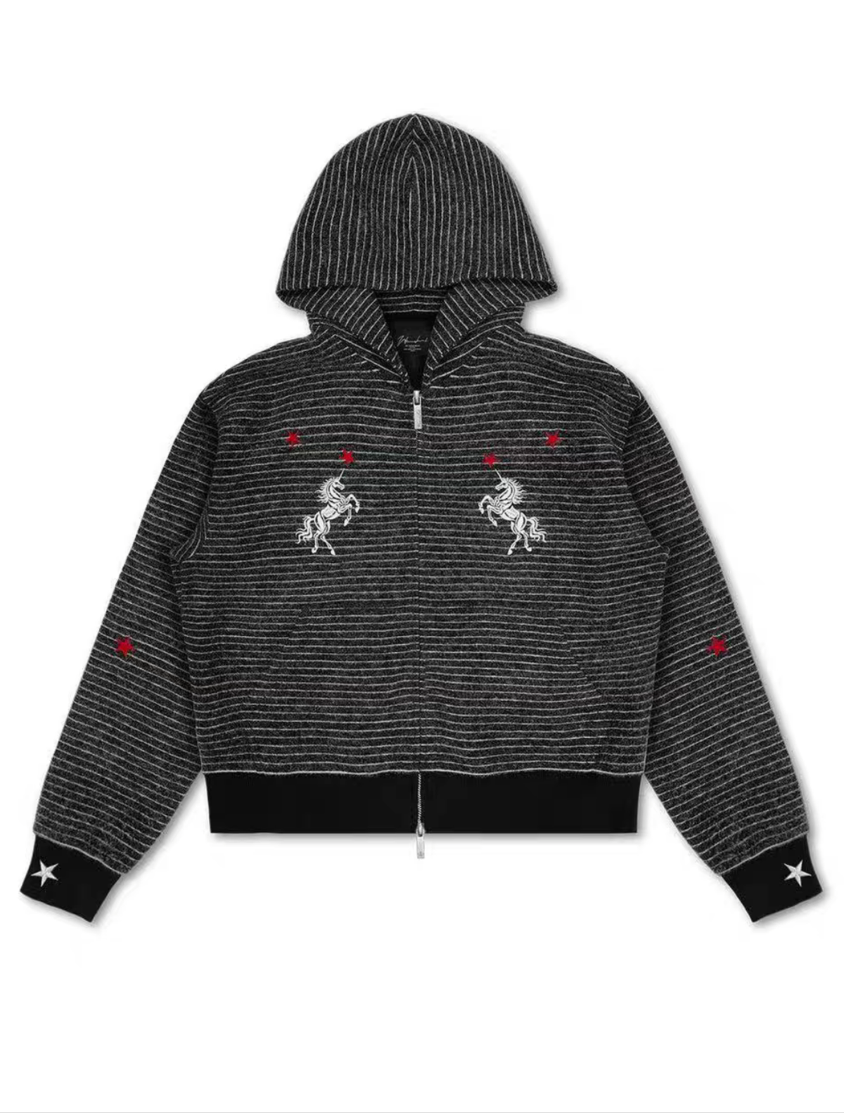 Horse Embroidery Striped Zip Hoodie