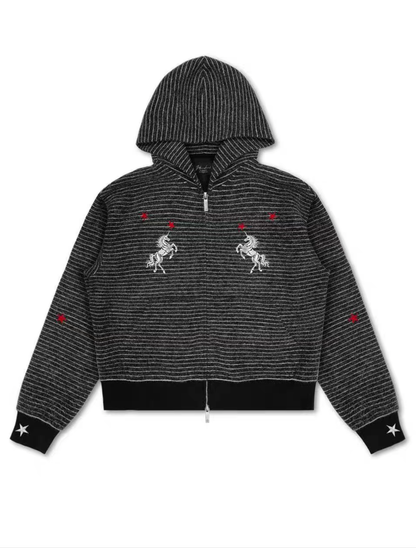 Horse Embroidery Striped Zip Hoodie