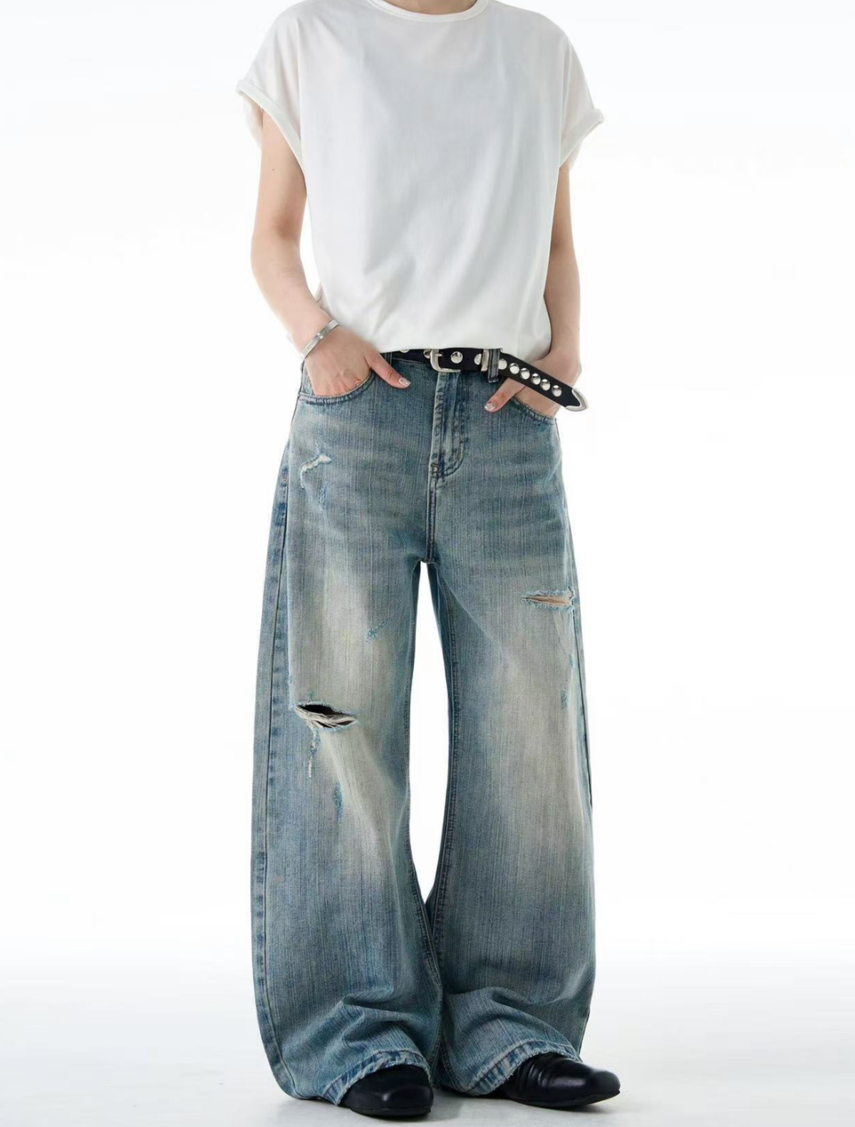 Vintage Wash Distressed Wide Denim Pants