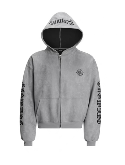 Gothic Font Sleeve Suede Zip Hoodie