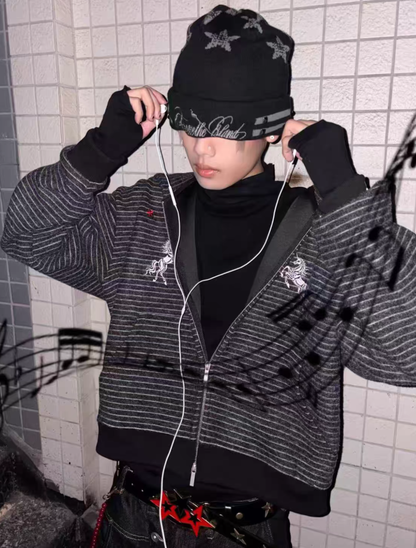 Horse Embroidery Striped Zip Hoodie