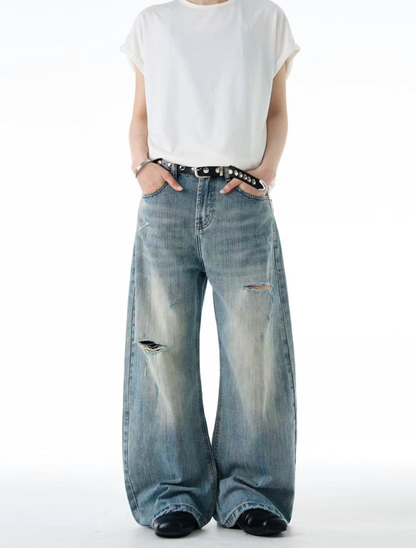 Vintage Wash Distressed Wide Denim Pants