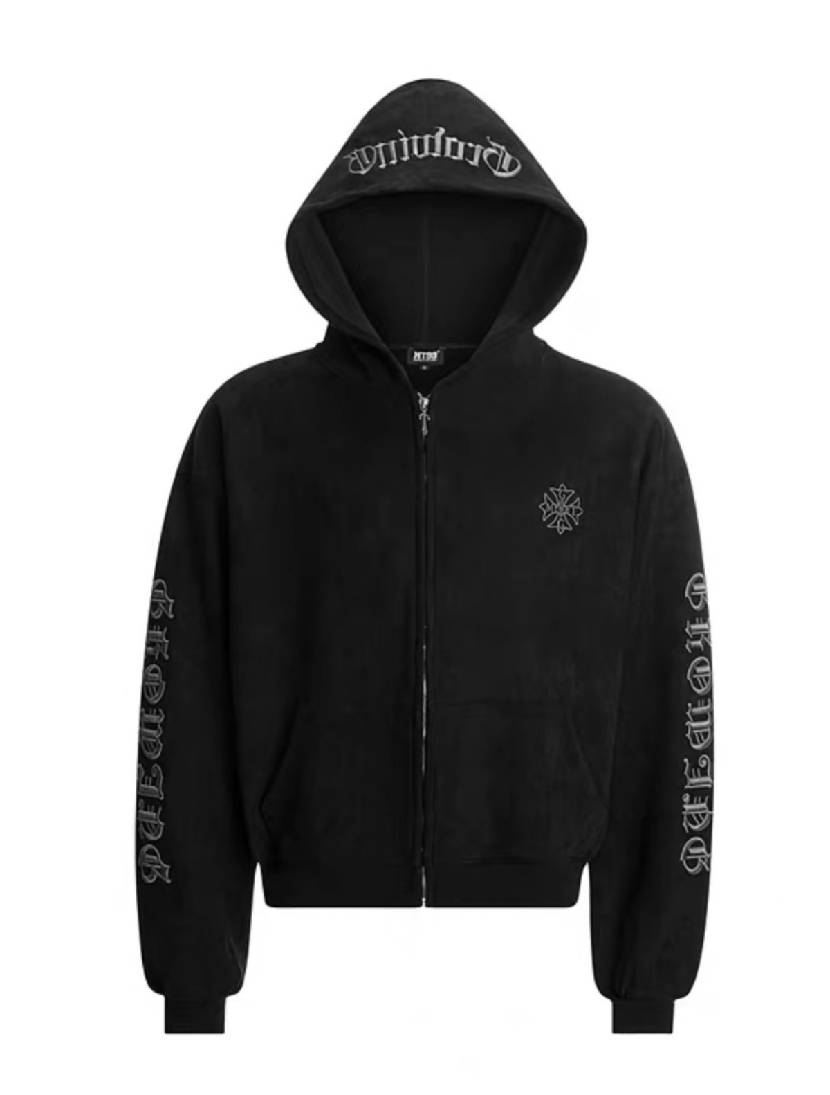 Gothic Font Sleeve Suede Zip Hoodie