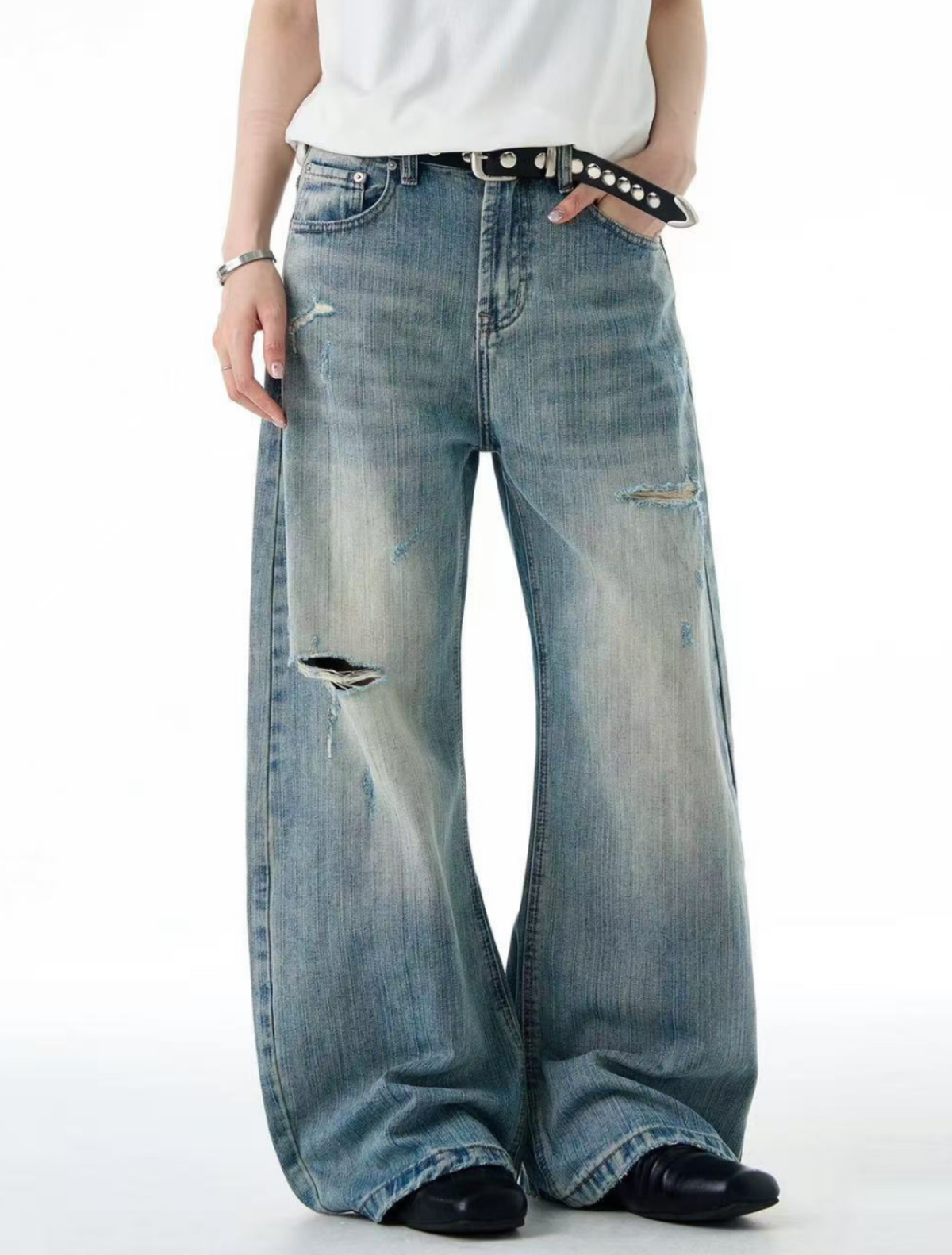 Vintage Wash Distressed Wide Denim Pants