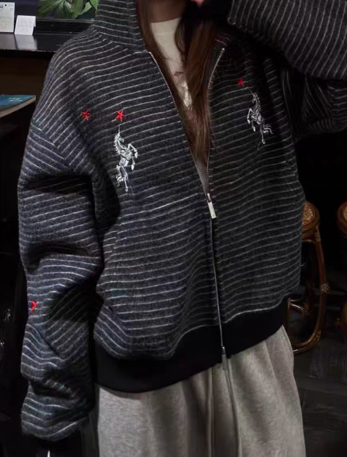 Horse Embroidery Striped Zip Hoodie