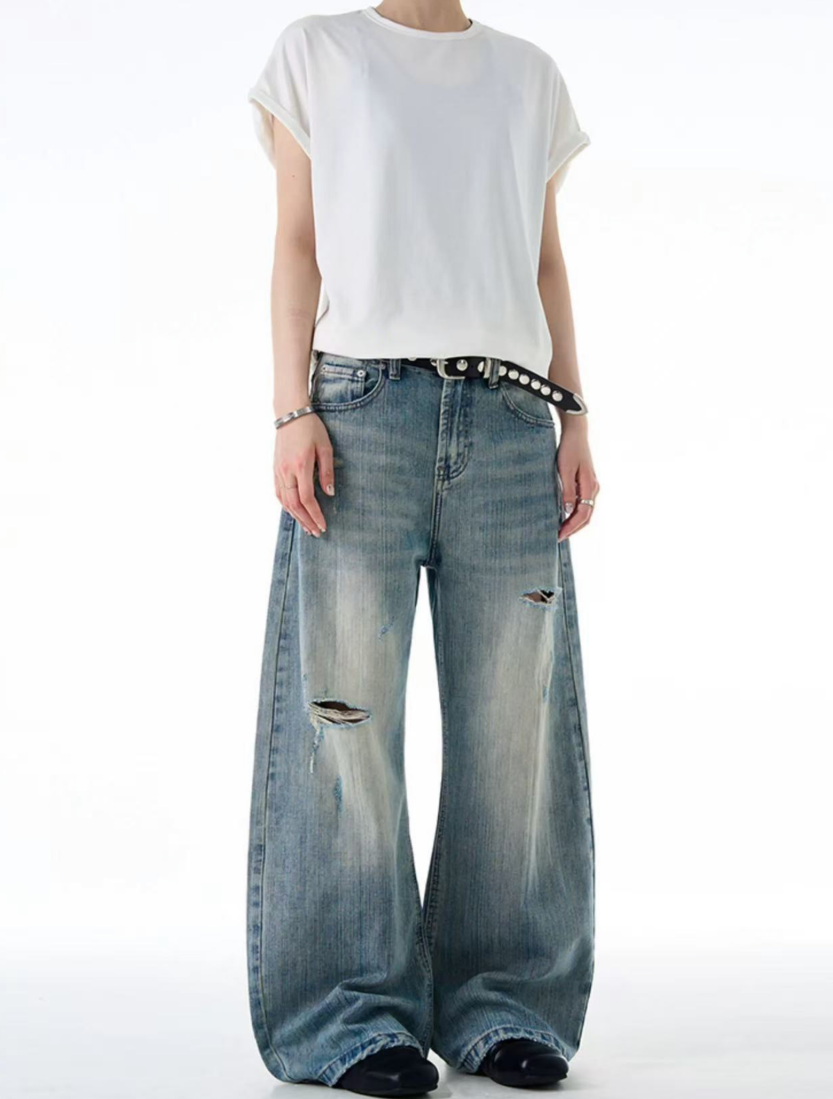 Vintage Wash Distressed Wide Denim Pants