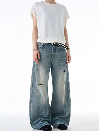 Vintage Wash Distressed Wide Denim Pants