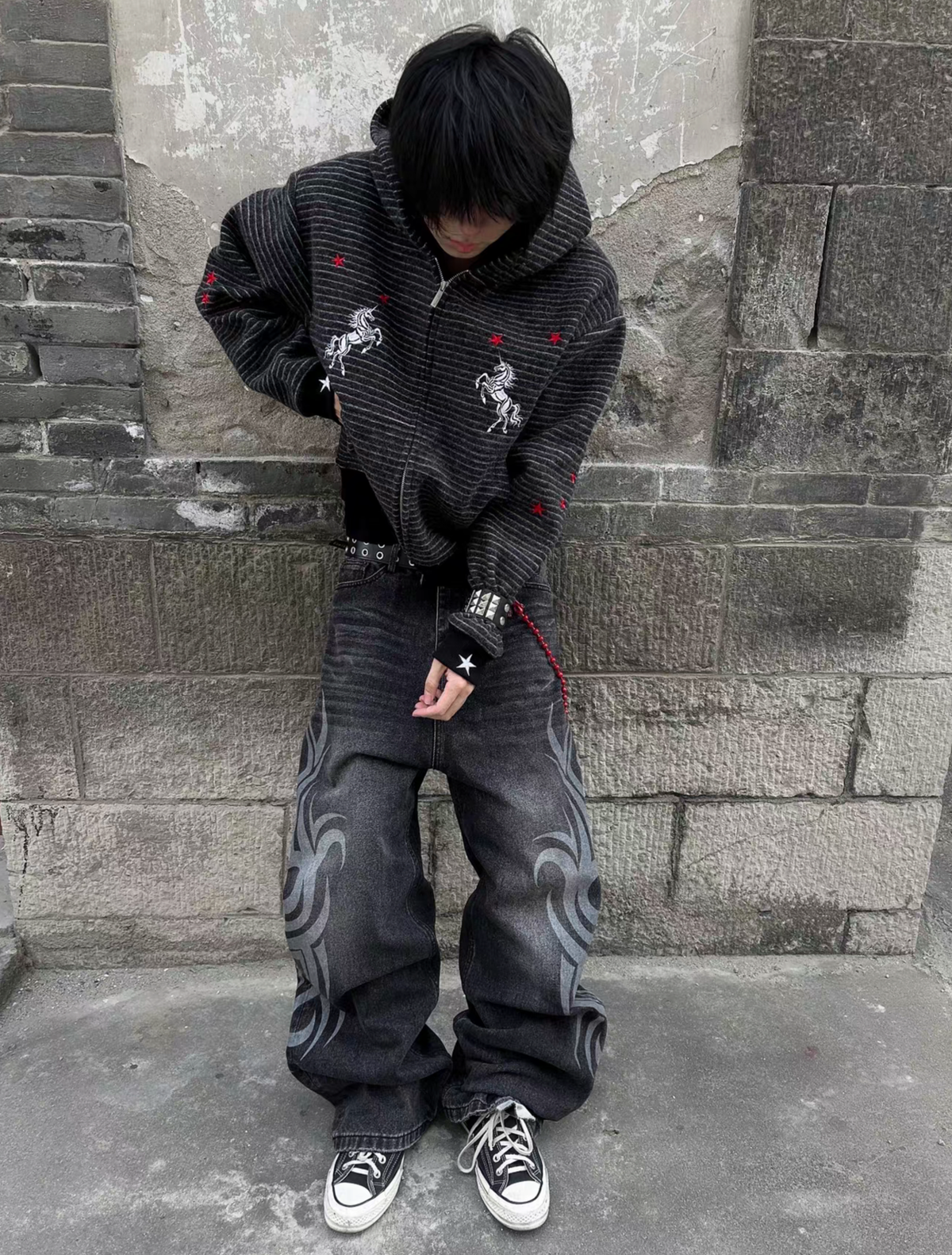 Horse Embroidery Striped Zip Hoodie