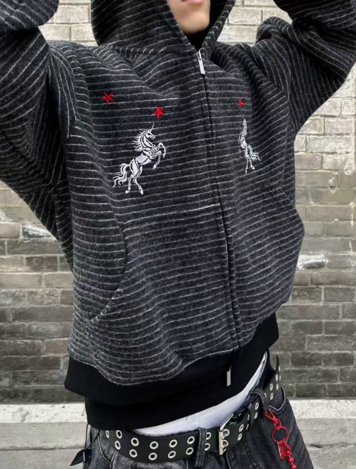 Horse Embroidery Striped Zip Hoodie