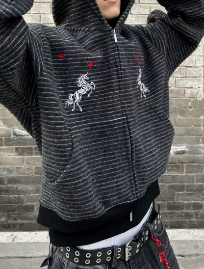 Horse Embroidery Striped Zip Hoodie