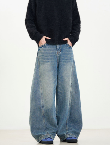 Vintage Wash Barrel Curved Wide Denim Pants