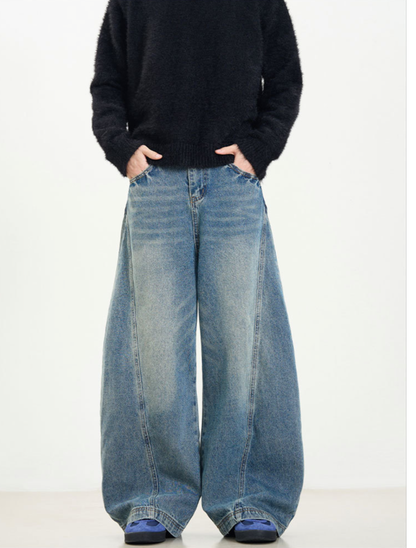 Vintage Wash Barrel Curved Wide Denim Pants
